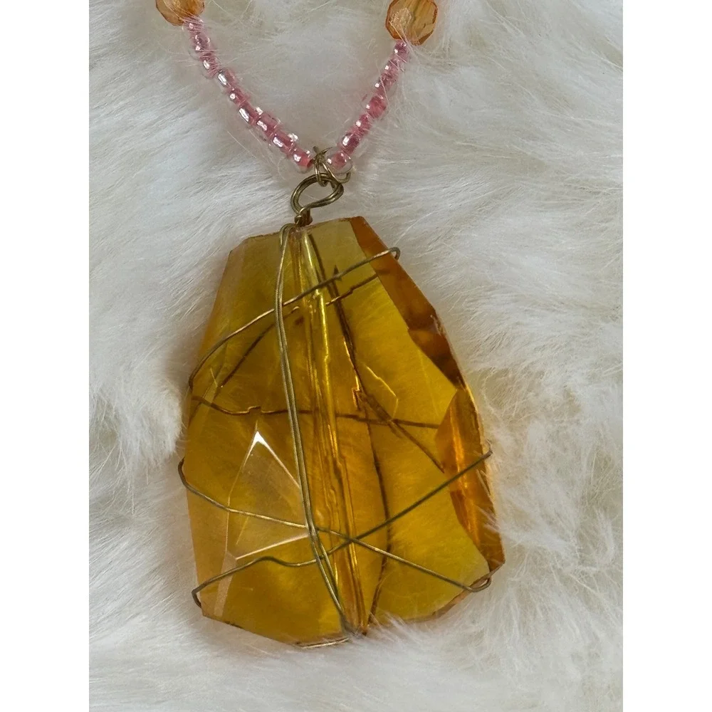 Handmade Amber Crystal Wire Wrapped Beaded Eyeglass Chain Necklace Pink Gold